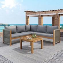 Garden Furniture Set, Corner Sofa + Coffee Table, Acacia Wood Frame, Acacia Wood Tabletop, Braided Rope Craftsmanship, Suitable For Garden, Grey Color. - Grey - View 2