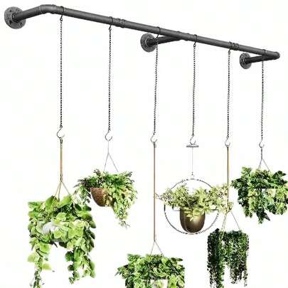 Giá treo cây bằng kim loại 48 inch kèm 6 dây xích và móc treo, giá đỡ cây gắn tường phù hợp cho cây trồng trong nhà, cửa sổ, trần nhà, màu đen, không bao gồm chậu cây.