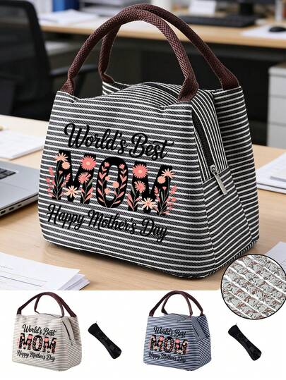 Best Mom Ever" Floral Insulated Lunch Bag With Coffee Cup Holder, Fun Gift For Women Coffee Lovers, With Black Utensil Storage Pouch, Large Capacity, Student Thermal Lunch Box, Portable Travel Picnic Bag, Office School Insulated Lunch Tote, Work Lunch Box, Work Office Holiday Lunch Box, Multipurpose Camping School Lunch Box For Men & Women, Mother's Day Gift