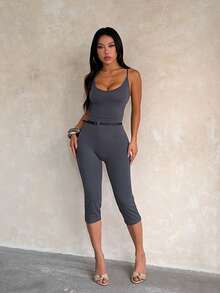 Bộ jumpsuit nữ, jumpsuit mùa hè màu trơn ôm sát, dây mảnh, áo liền quần mùa hè cho nữ, màu đen, cổ chữ V, hở lưng, trễ vai, jumpsuit thanh lịch cho nữ, thích hợp cho các buổi hẹn hò hàng ngày, đi chơi, dự tiệc, trang phục ngoài trời. - Xám - Xem 1