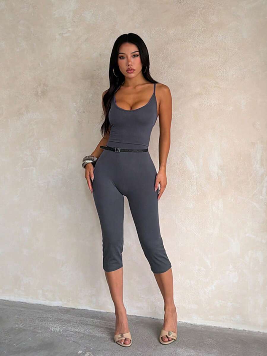 Bộ jumpsuit nữ, jumpsuit mùa hè màu trơn ôm sát, dây mảnh, áo liền quần mùa hè cho nữ, màu đen, cổ chữ V, hở lưng, trễ vai, jumpsuit thanh lịch cho nữ, thích hợp cho các buổi hẹn hò hàng ngày, đi chơi, dự tiệc, trang phục ngoài trời. - Xám - Xem 1
