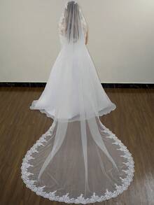 1pc Casual Polyester Bridal Veil, 118 Inch Cathedral Train, Romantic Elegant Lace Trim, Real Photo Shooting, White/Ivory - Multicolor - View 9