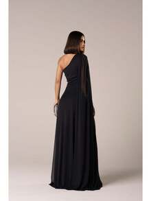 Long Wedding Dress For Bridesmaid - Flowing Style With Cape And Slit - Navy Blue - View 2