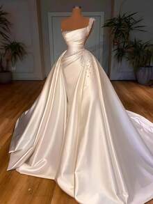 Elegant Sexy One Shoulder Pleat A Line Satin Wedding Dress,Registry Office Dresses Bridal Gown,Evening Party Dress Birthday Party Dress Country Wedding,Romantic Church Ceremony Wedding Dress,Suitable For Wedding,Dating,Party,Singles' Party,Vacation,Formal Occasions,Dinner Dress,Prom Dress,Homecoming Dess,Cocktail Party,Wedding Guest Dress,Graduation - trắng - Xem 2