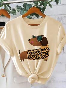 2026 Summer New Leopard Print Outfit Dachshund Print Women's T-Shirt 2026 Spring Summer  Cute Pet Style Short Sleeve Casual Personality Outfit Loose S - 杏色 - 查看 1