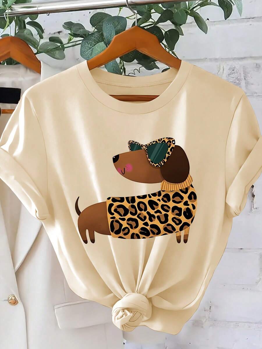 2026 Summer New Leopard Print Outfit Dachshund Print Women's T-Shirt 2026 Spring Summer Cute Pet Style Short Sleeve Casual Personality Outfit Loose S - 杏色 - 查看 1