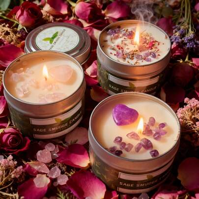 Bộ quà tặng nến thơm tinh thể 100g, bao gồm 1 viên đá tinh thể hình trái tim, nến sáp đậu nành, thạch anh tím và thạch anh hồng, thời gian cháy 24 giờ, thích hợp làm quà tặng Ngày của Mẹ, Ngày của Cha.