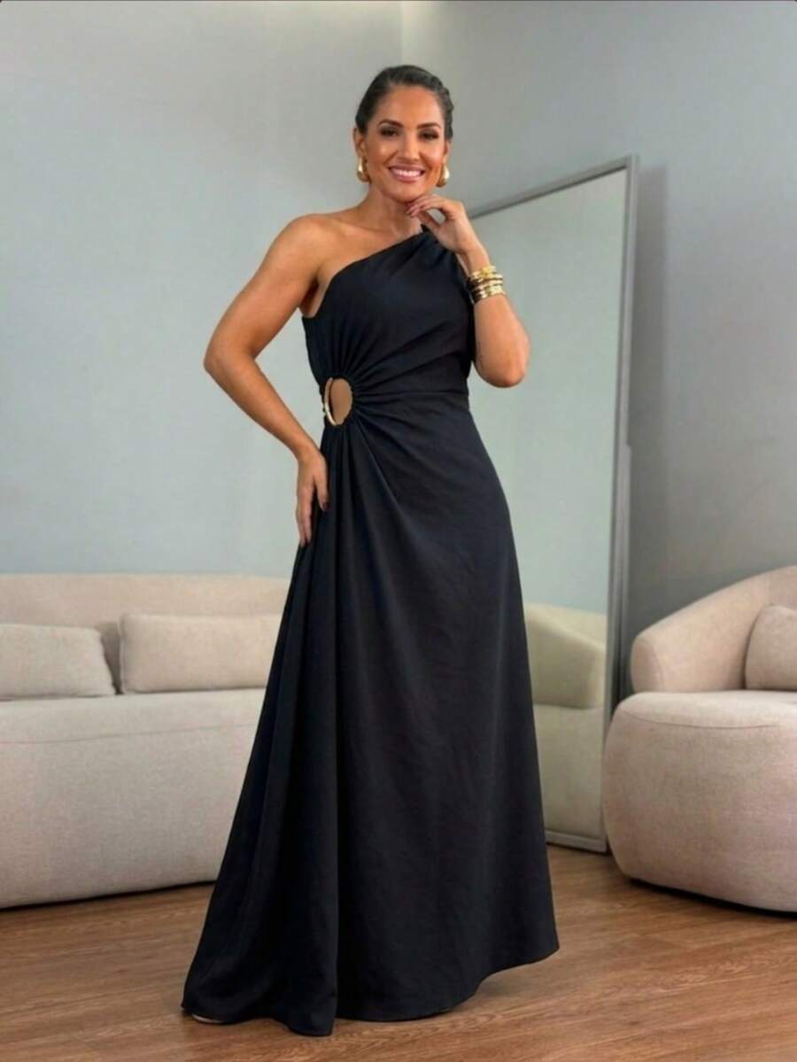 One-Shoulder Long Dress With Elegant Cutout – Sophistication And Style For Parties - 黑色 - 查看 1
