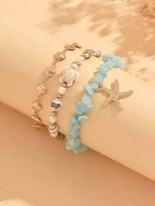 3pcs/Set Summer Beach Shell & Seashell Asymmetrical Blue Stone Design Foot Jewelry, Suitable For Beach, Vacation, Daily Wear, Travel, Date - Multicolor - View 3