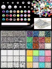 48 grilles de kit de strass pour ongles en perle et résine de couleurs mélangées, cristaux à dos plat avec un stylo de ramassage et des pinces pour la décoration des ongles, le maquillage, les chaussures et les artisanat de paillettes DIY - Multicolore - Voir 1