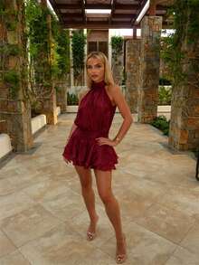 Women's Pleated Waist Sheer Mesh Ruffle Mini Dress Summer Casual Halter Neck High Neck Bodycon Short Dress Self-Tie Backless Sundress Party Clubwear - F194474-Wine - 查看 2