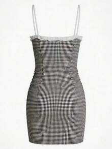Women Plaid Patchwork Ruffled Hem Casual Vacation & Commute Bodycon Dress, Sexy For Spring & Summer - Black and White - View 2