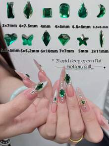KIRAME 21-Grid DIY Manicure K9 Glass Green Flat Diamond Set - 30pcs High Gloss Diamonds Per Type, Includes 1 Drill Pen And 2 Chains, Manicure Gems, Nail Salon, Home Manicure, Manicure Supplies, Christmas, New Year, Valentine's Day, Mother's Day, Holiday Gift, Suitable For Handicrafts, Clothing, Fabrics, Shoes, Glass Products, Jewelry Making - Multi-Size Sparkling Decorations - Green - View 4