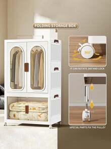 70CM/ 27.55in Wardrobe Storage Set Stackable And Foldable Trash Can With Lid, Foldable Transparent Storage With Wheels And Door - White - View 7
