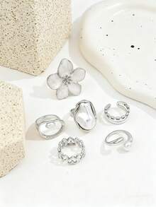 6pcs/Set Baroque Style Enamel Flower & Heart Shaped Faux Pearl Rings, Multilayer Chain Rings Set For Women - Silver - View 3