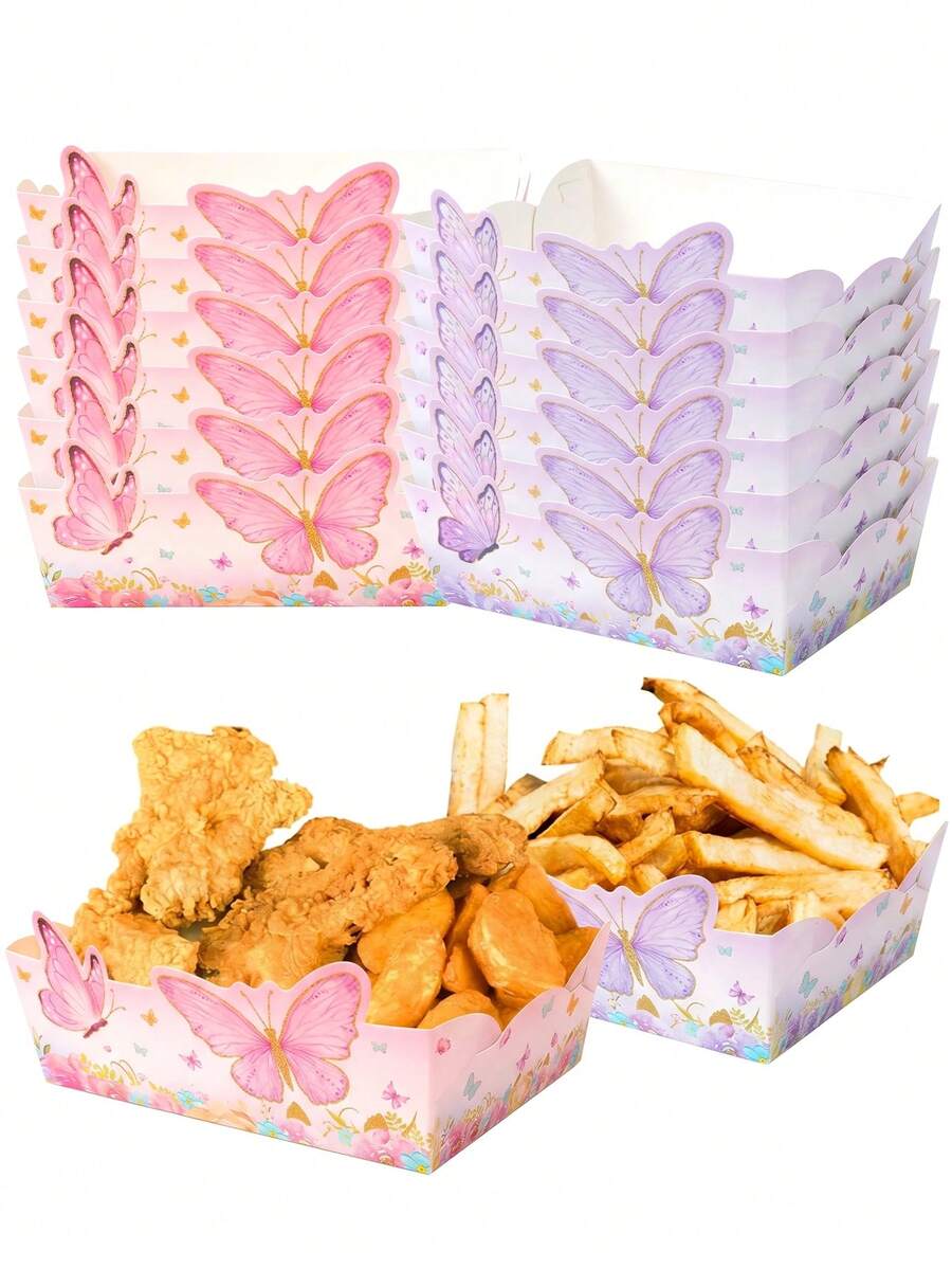 12个粉色/紫色蝴蝶一次性纸托盘，蝴蝶主题生日派对一次性食品托盘，粉色生日装饰，纸质食品容器，爆米花盒，零食盒，可爱蝴蝶花卉甜点盒，适合盛放饼干和甜点，非常适合女孩生日、婚礼、新娘送礼会、婴儿派对、下午茶派对装饰