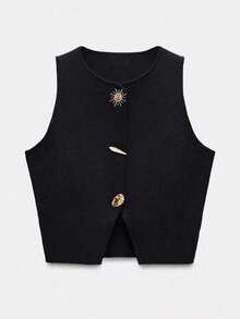 Pull sans manches printemps/été, longueur régulière, coupe ample, affinant, élégant, polyvalent, décontracté chic, tenue de bureau, style rétro, mode coréenne. Top de pull sans manches noir pour femmes avec décoration de boutons, haute élasticité, coupe régulière - Noir - Voir 1