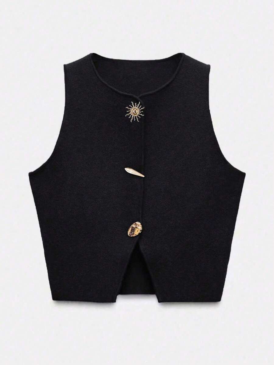 Pull sans manches printemps/été, longueur régulière, coupe ample, affinant, élégant, polyvalent, décontracté chic, tenue de bureau, style rétro, mode coréenne. Top de pull sans manches noir pour femmes avec décoration de boutons, haute élasticité, coupe régulière - Noir - Voir 1