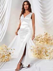 MUXXN Gaun Pesta Koktail Formal Satin Tanpa Lengan Gaya Retro 1950-an Warna Putih - Putih - View 4