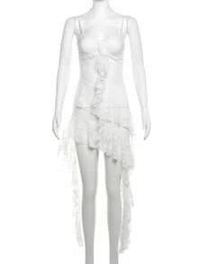 YeonC Spaghetti Strap Lace Patchwork Ruffle Hem Sheer Dress - White - View 9