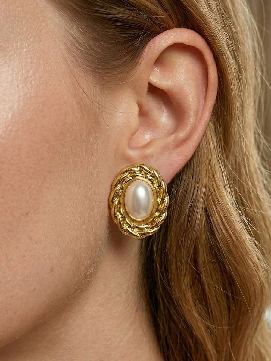 Pendientes ovalados retorcidos multifuncionales de perlas falsas, pendientes de botón grandes y exagerados de color dorado, conjunto de pendientes de joyería de estilo bohemio con forma de estrella, perlas falsas y diseño geométrico floral, adecuados para fiestas, vacaciones, bodas, uso diario, festivales de música, vacaciones en la playa y otras ocasiones. Ideal para el Día de San Valentín, cumpleaños, Día de la Madre, etc.