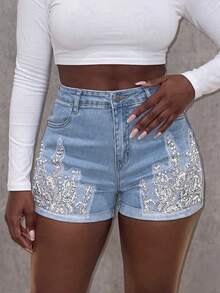 Sequin Embroidered Denim Shorts, Sexy Tight Stretch Shorts For Women Casual Summer - Light Wash - View 4