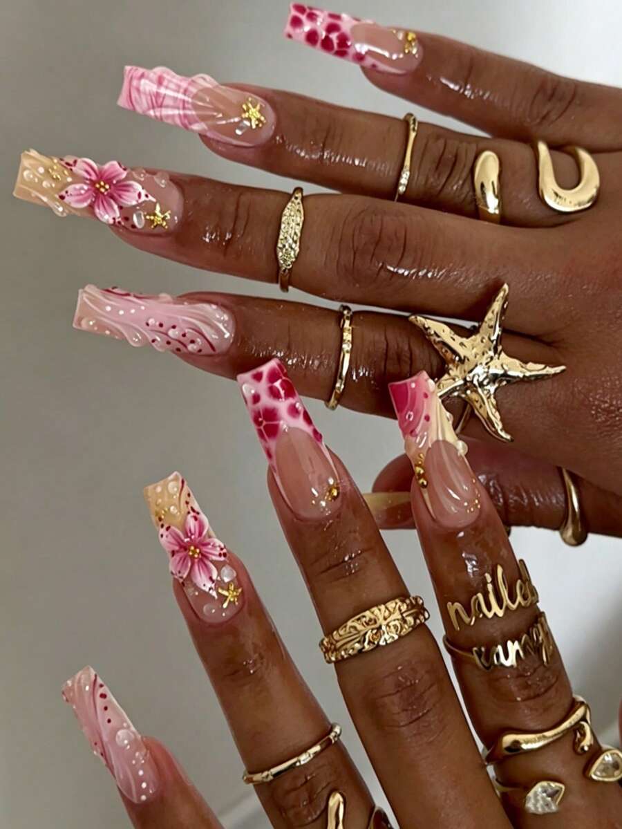 24pcs Y2K Style Luxury 3D Floral Gold Dotted Leopard Wave Pattern Nail Stickers To Change Your Nails. Ideal For Girls And Ladies' Party, Summer Vacation, Nightclub And Carnival Nail Art - Multicolor - View 1