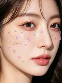 1pc Cherry Blossom Face Sticker, Paired With Ombre Pink Heart Rhinestones, Creates Spring Makeup Atmosphere, Suitable For Stage Performance Makeup,Concert Look,Face Gems - Multicolor - View 2