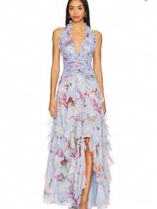 Women's Boho Chiffon Halter Floral Print Ruffled Long A-Line Flared Dress - Gris Claro - Ver 7