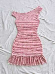 Vestido mini ajustado con hombro asimétrico, volantes y estampado de degradado rosa romántico. Versátil para fiestas, citas, té de la tarde, playa, bodas y temporada de graduación - Rosa - Ver 5