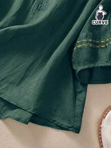女士休闲时尚圆领刺绣短袖加大码上衣，夏季日常穿着 - 綠色 - 查看 3