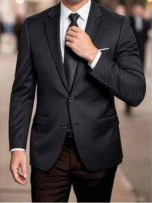 1pc Notch Lapel 2-Button Blazer Business Formal Casual Professional Work Wedding Banquet Commute Suit Jacket - Black - View 3
