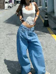 Women's Oversized Baggy Jeans - High Rise Gradient Wash Wide Leg Denim Trousers For Casual Daily Wear,Women's Spring Lightweight High Waist Baggy Wide Leg Jeans - Vintage Gradient Wash Casual Streetwear Pants,Spring Lightweight High Waist Gradient Wash Baggy Wide Leg Jeans - Women's Casual Streetwear Pants - 藍色 - 查看 1