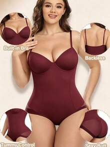 单件装女士塑身衣，女士束身胸衣，紧身胸衣带罩杯，三排钩扣设计，时尚性感网纱紧身衣，凸显身材曲线，收腰提臀，提供腰部支撑，塑造胸型，可外穿，多功能塑身衣，舒适贴身塑形内衣，轻盈弹力面料，保持女性优美身形 - 酒紅色 - 查看 7