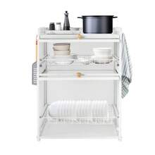 RibasuBB 3-Tier Tabletop Dish Drying Rack With Magnetic Flip Front, Mesh Sides, Pull-Out Drip Tray, Carbon Steel Frame, Large Capacity, Plate Grooves, Side Hooks, Adjustable Feet White - trắng - Xem 8