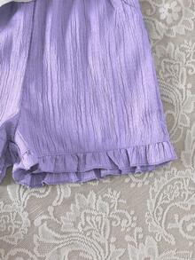 Conjunto de 2 piezas de niña joven con top de manga abullonada con estampado de corazón y flores 3D + shorts con volantes en el bajo para primavera/verano - Morado - Ver 7