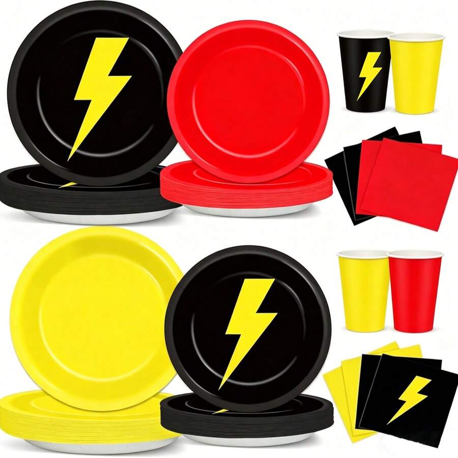 Juego de vajilla de papel con diseño de patrones rojos y amarillos, que incluye platos de papel de 7"/9", vasos de papel, servilletas de 6.5", adecuado para cumpleaños, baby shower, fiestas, eventos y comidas para hombres y mujeres, disponible en 10 piezas/20 piezas/130 piezas con tema de superhéroes de dibujos animados - Multicolor - Ver 1