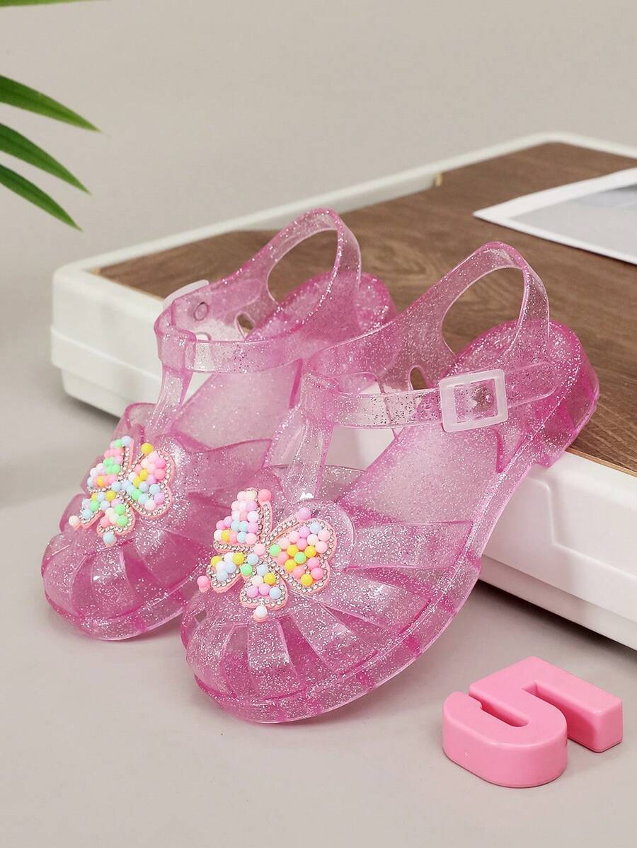 2026 New Fashion Sandals, Colorful Butterfly Cute Jelly Shoes, Girls' Glitter Jelly Shoes, Soft Bottom Comfortable Campus Student Popular Outfit, Casual Versatile Crystal Shoes, Princess Shoes - Pink - View 1