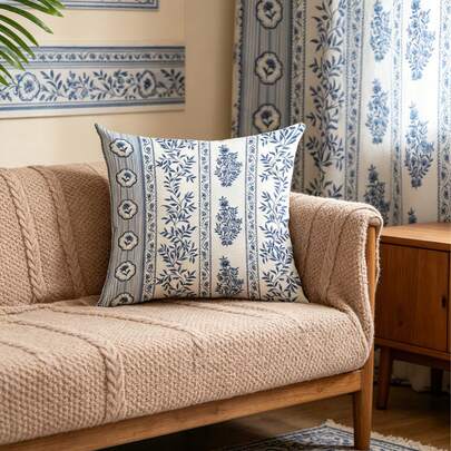 1 PIEZA Funda de almohada de felpa corta y suave, 45*45 cm - Patrón de porcelana azul y blanco, estilo chino, ideal para la decoración de la sala de estar, el dormitorio y la oficina (no se incluye el relleno de la almohada), Elegante funda de almohada con estampado de porcelana floral azul y blanco | Motivo de porcelana azul y blanca | Almohadas decorativas