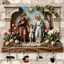 2D Flat Religious Art Key Holder, 1pc Wooden Multi-Function Home Key Rack With 4 Metal Hooks, Wall Mount Organizer, Entryway Decor, Living Room Decor, Bedroom Decor, Kitchen Storage Solution, Modern Geometric Design Key Hanger, Functional Home Accessories, Rustic Wooden Key Display Rack, Metal Hook Storage Organizer, Decorative Wall Hanging Key Keeper, Space-Saving Entryway Organization, Stylish Home Storage Rack, Versatile Wall-Mounted Key Organizer, Contemporary Home Decor Accessory - Multicolor - View 7