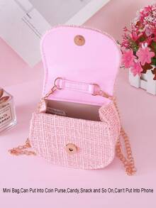 1pc Mini Flower & Metal Bow Decor Solid Plaid PU Chain Strap Flap Closure Beaded Handbag, Cute Shoulder Crossbody Bag Clutch Purse For Teens & Casual Travel, Suitable For Holidays & Daily Use - Pink - View 4