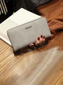 Large Capacity Long Wallet, Faux Leather Multi-Function Zipper Wristlet Wallet - Grey - View 2