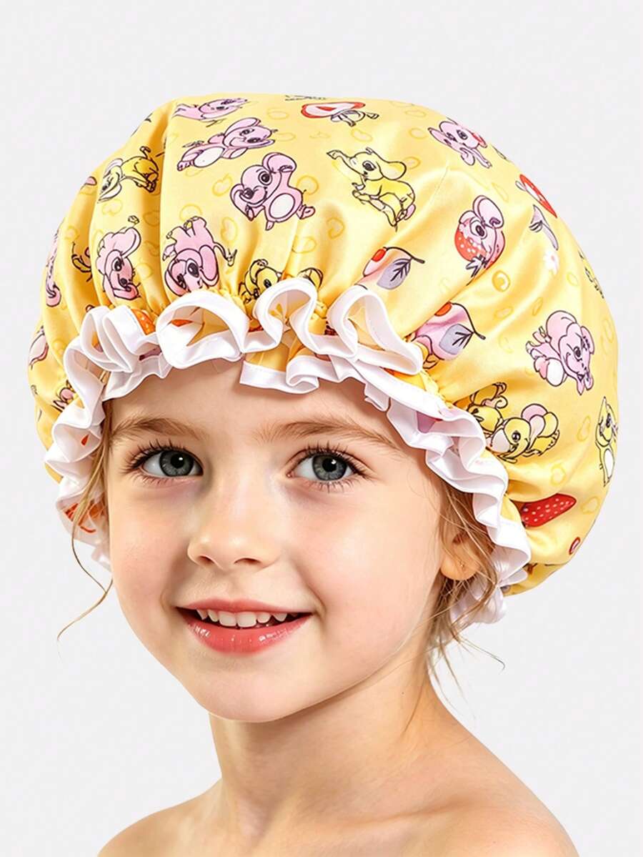 1pc Children's Shower Cap, Taffeta Printed Hair Care Cap, Baby Sleeping Cap - Little Elephant Yellow - View 1