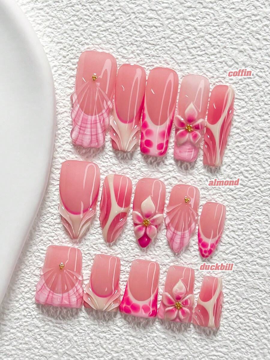 10片甜美風手工穿戴甲,Polygel美甲套組,手工五瓣花裝飾,粉色與白色,柔美時尚,含美甲工具,3種尺寸可選,杏仁/鴨嘴/棺材形,適合派對、跳舞、日常配戴 - 彩色 - 查看 1