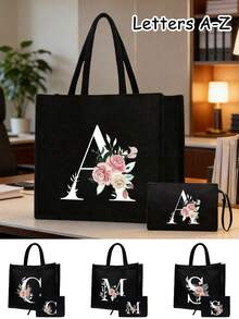 Women's Printed White Letter A-Z Tote Bag, Large Capacity Shoulder Bag, Foldable Durable Shopping Bag, Portable Handbag, Travel Cosmetic Bag, Coin Purse, Suitable For Vacation, Party, Shopping, Work Commute, Birthday, Mother's Day, Wedding, Spring/Summer - Multicolor - View 3