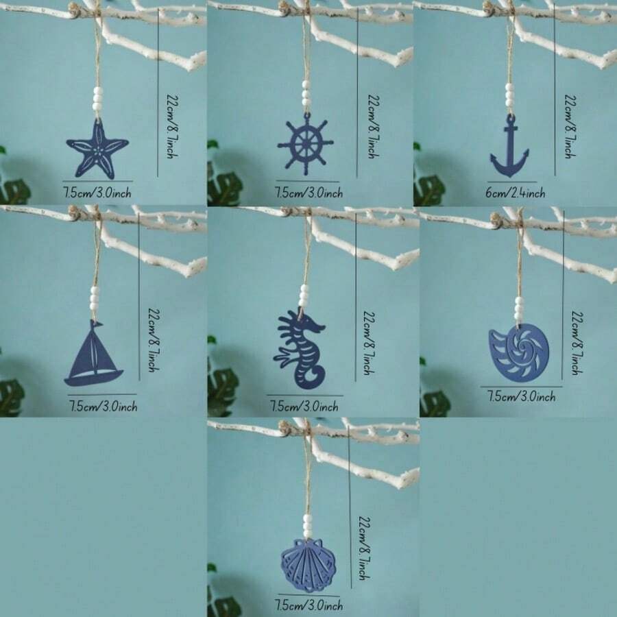 SHAMLESS 复古蓝色木质海洋主题墙饰套装，包含海马、贝壳、海星、锚、船舵、帆船、海螺，适用于卧室、浴室、阳台、窗户、衣柜、书架，独特的家居装饰礼品。