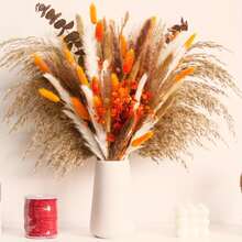 128pcs Autumn Elegance Dried Flower Bouquet - Preserved Gypsophila, Pampas Grass & Eucalyptus For Home & Office Decor | Perfect For Weddings, Parties & Seasonal Celebrations - Orange Color - View 11