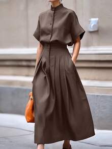 Women's Elegant Commuter Short Sleeve Shirt + A-Line Skirt 2-Piece Set, Solid Color, Elegant Front Button Pocket, Suitable For Office, Daily Wear, Date, Airport, Summer Spring - Brown - View 4