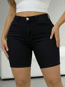 Celana Pendek Denim Slim Fit Kasual Nyaman dengan Pinggang Sedang, Desain Ukuran Besar dengan Saku, Warna Distressed Wash, Cocok untuk Musim Semi/Panas, Hitam - Hitam - View 9