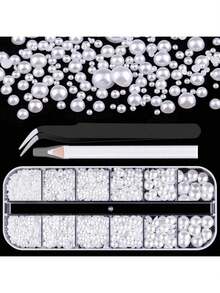 Ensemble de perles demi-rondes de 12 tailles différentes de 2 à 10 mm, perles demi-rondes plates, convient pour les tasses, l'artisanat, la couture DIY, comprend des pinces et un stylo pointeur - multicolore - Voir 1